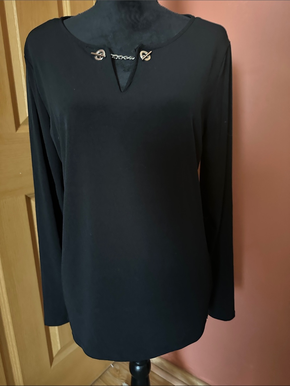 Tahari Black Long-Sleeve Top with Silver Chain Accent